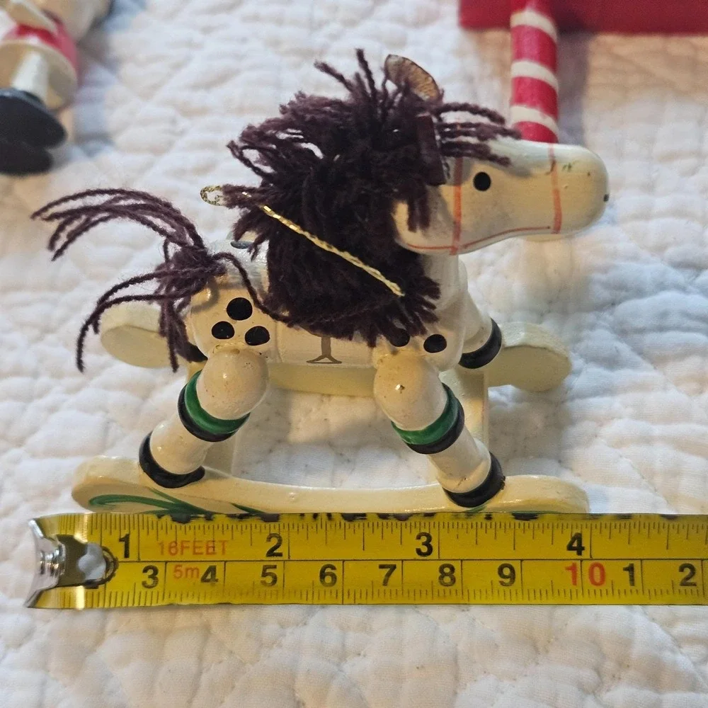 vintage wood Christmas ornaments set of 4 trumpet‎ rocking horse nutcracker mail